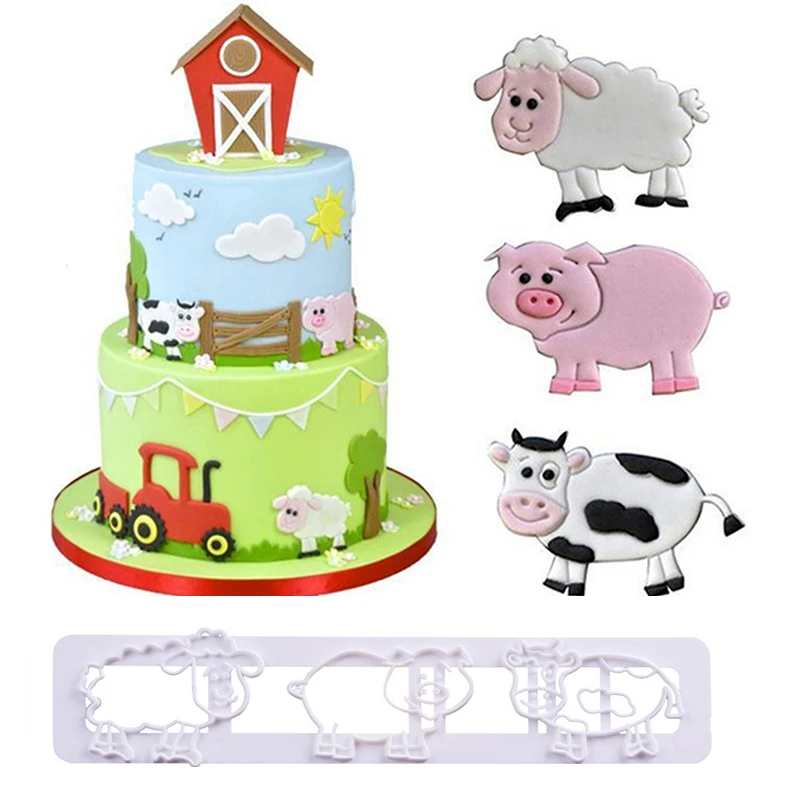 1set Farm Animal Cute Pig Cow Sheep Cookie Mold Grass Fence Dessert fondant Cutter Molds for Kids Birthday Supplies Baby Shower