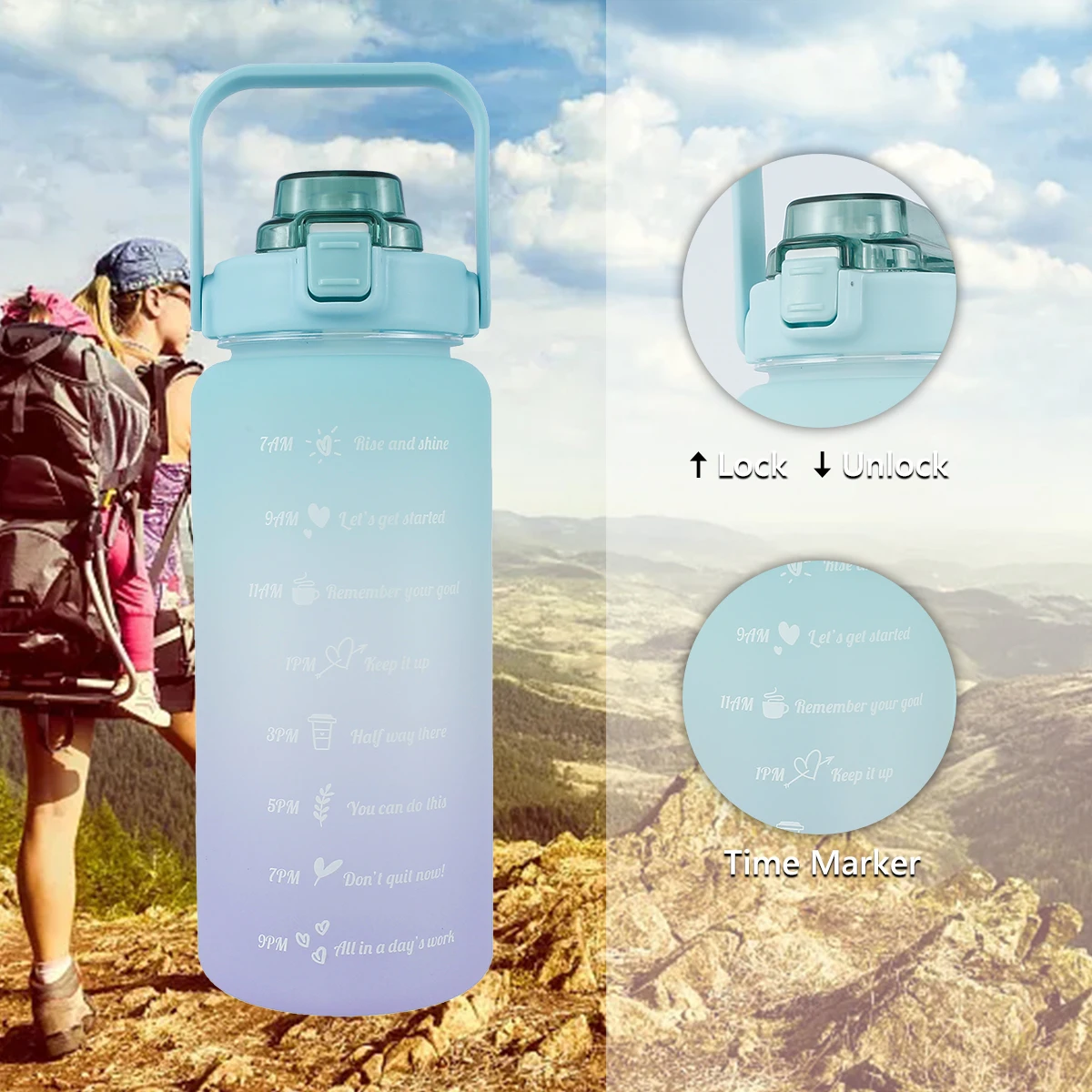 Water Bottle 2000ml Motivational Sport Water Drinking Bottle