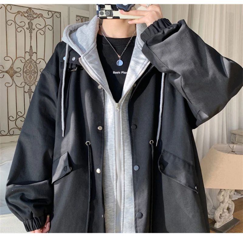 Spring Autumn Men Hooded Jacket New Casual Fake Two Piece Hoodies Zipper Patchwork Coats Loose Mens Jackets Vestes Pour Hommes