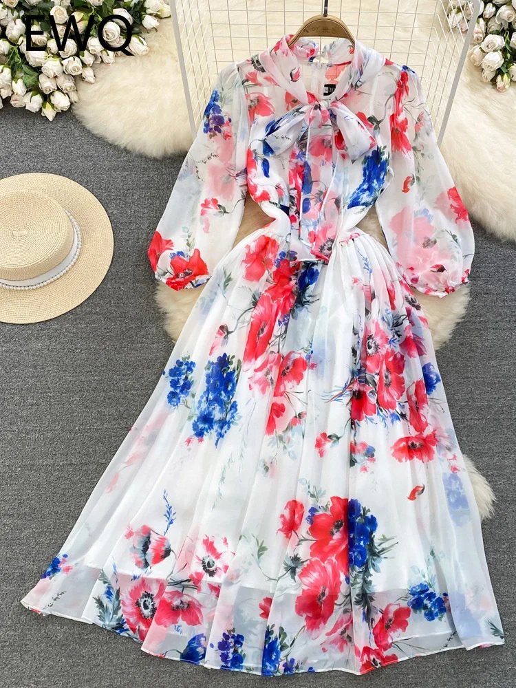 

EWQ Sweet Style Women's Bow Lace-up Patchwork Dress 2023 Summer New Chiffon Long-sleeve Contrast Color High Waist Dresses SN2252