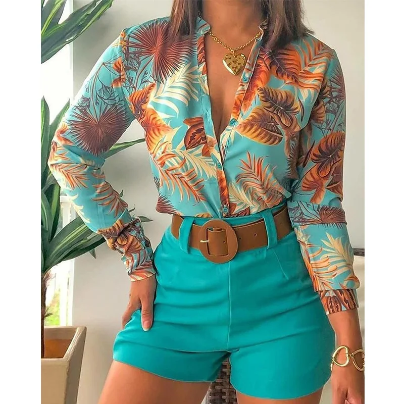 

2022 Women Shorts Two Piece Printed Set Womens Floral Print Deep V Neck Shirt & Solid color Shorts Set Woman Clothing Outfit