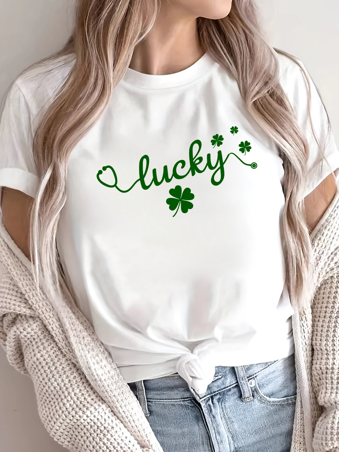 Lucky Green Clover креативная футболка с буквенным принтом женская мягкая свободная