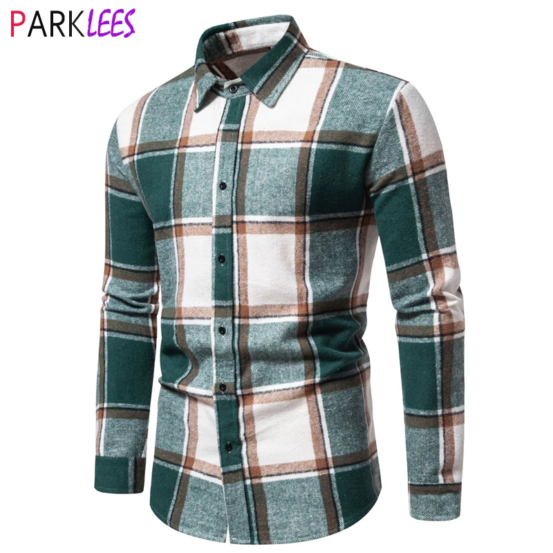 

Green Plaid Long Sleeve Flannel Shirt for Men Regular Fit Button Down Checked Shirts Mens Casual Conformtable Soft Chemise Homme
