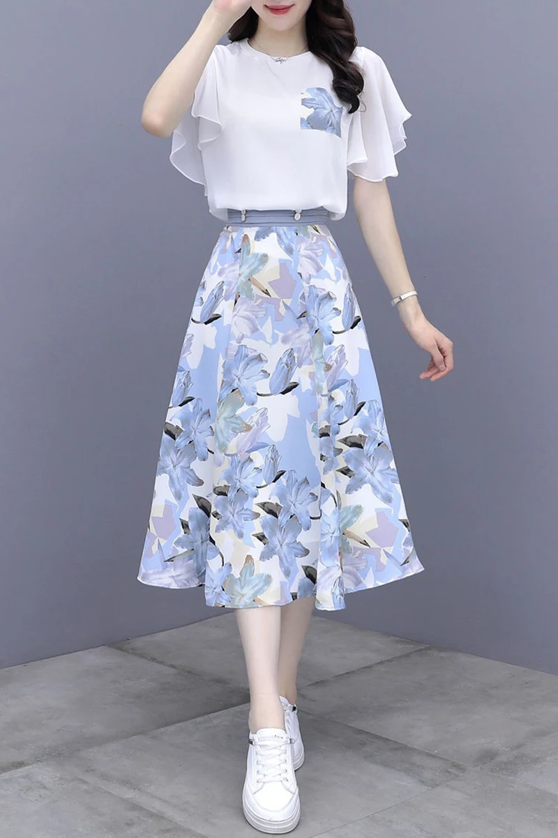 Women's Suits Summer 2022 New Fashion Casual Slim Temperament Floral T-shirts Skirts Female Two Piece Sets SJ431