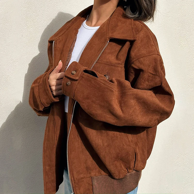 

Куртка женская замшевая с отложным воротником и длинным рукавом, на молнии