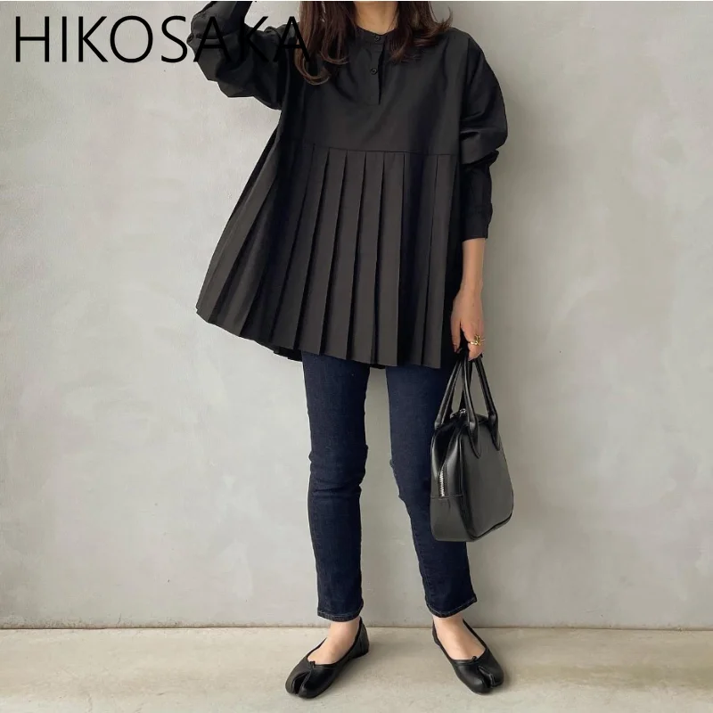 Свободная блузка с длинным рукавом и круглым вырезом на пуговицах однотонные