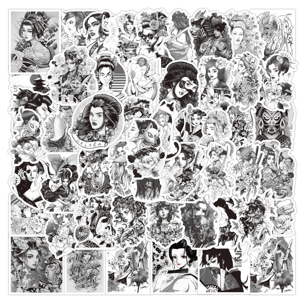 

10/30/50PCS Black and White Japanese Geisha Sticker DIY Graffiti Scrapbook Luggage Laptop Scooter PVC Sticker Wholesale