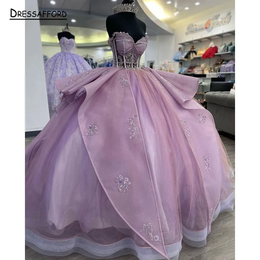 Lilac Cinderella Quinceanera Dresses Crystal Ball Gown Beading Appliques Party Gowns Vestido De Festa Sweet 16 Dress