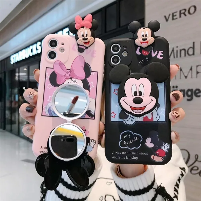 

Disney Mickey Minnie Mouse Mobile Phone Case for Samsung A52 53/S21 22 Ultra/M21 52 Stand Holder with Mini Makeup Mirror Lanyard