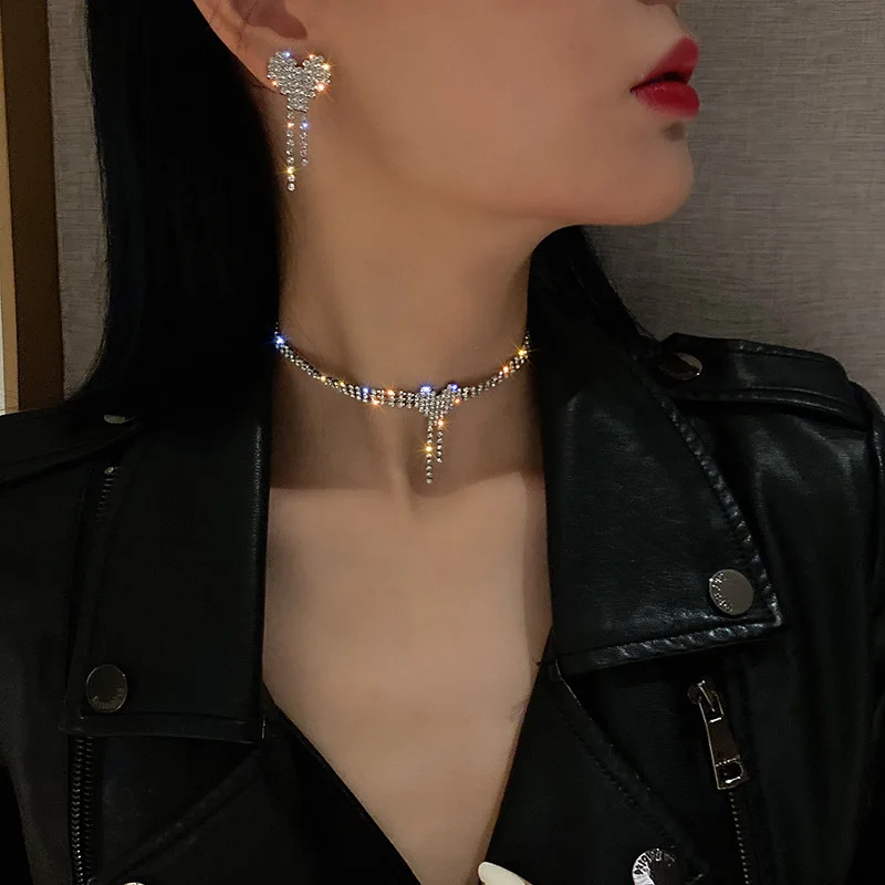 

925 Silver Needle Full Diamond Love Tassel Earring Necklace Set Korean Fashion Personality Eardrop Net Red Temperament
