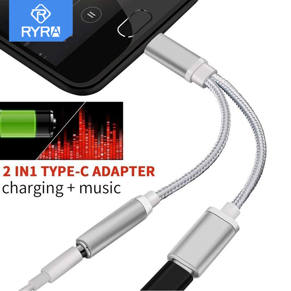 

RYRA 2In1 Audio Adapter Type-C To 3.5mm Headphone Jack AUX Charging Music Cable Adapter Charging Adapter Mini Audio Aux Splitter