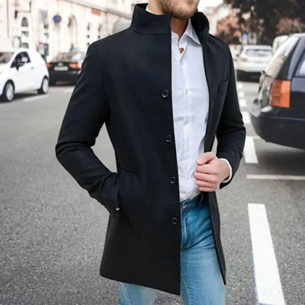 

Однобортное пальто, стильные мужские зимние тренчи, облегающие толстые тренчи средней длины со стоячим воротником и карманами для модного образа