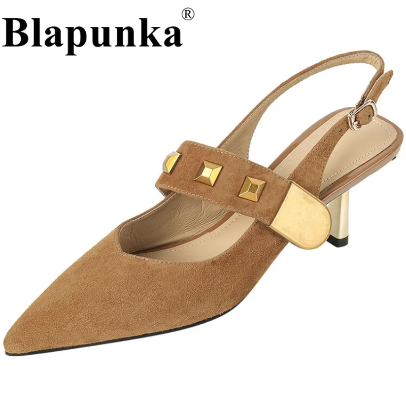

Blapunka Woman Thin High Heels Pumps Soft Kid Suede Buckle Slingback Shoes Women Punk Studded Navy Blue Sandals 40 Summer Spring
