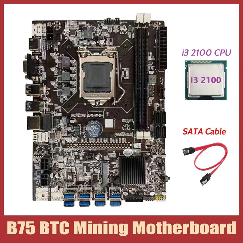 

B75 BTC Mining Motherboard+I3 2100 CPU+SATA Cable LGA1155 8XPCIE USB Adapter DDR3 MSATA B75 USB BTC Miner Motherboard