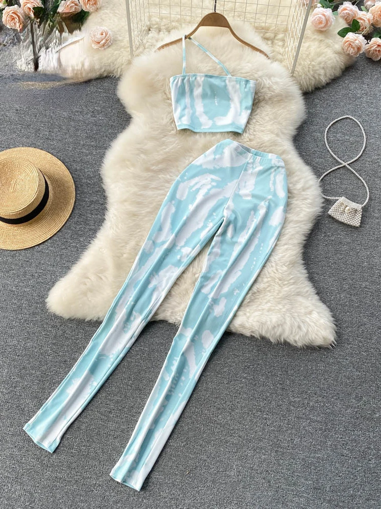

New Women Summer Slim Beach Set 2022 Y2K Sexy Vacation Elastic Waist One Shoulder Strap Tops Ladies Print Two Priece Sets