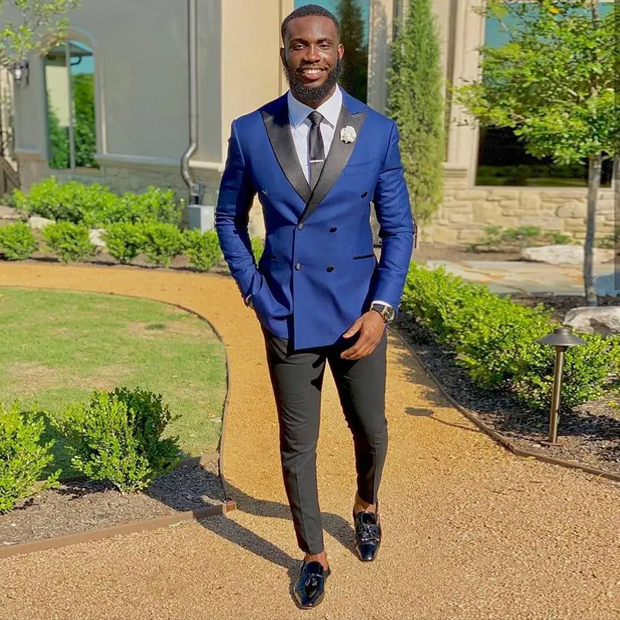 

New 2 PCs Royal Blue Groom Tuxedos Slim Fit Double Breasted Men Suits For Wedding Prom Custom Male Fashion Costumes Jacket+Pants