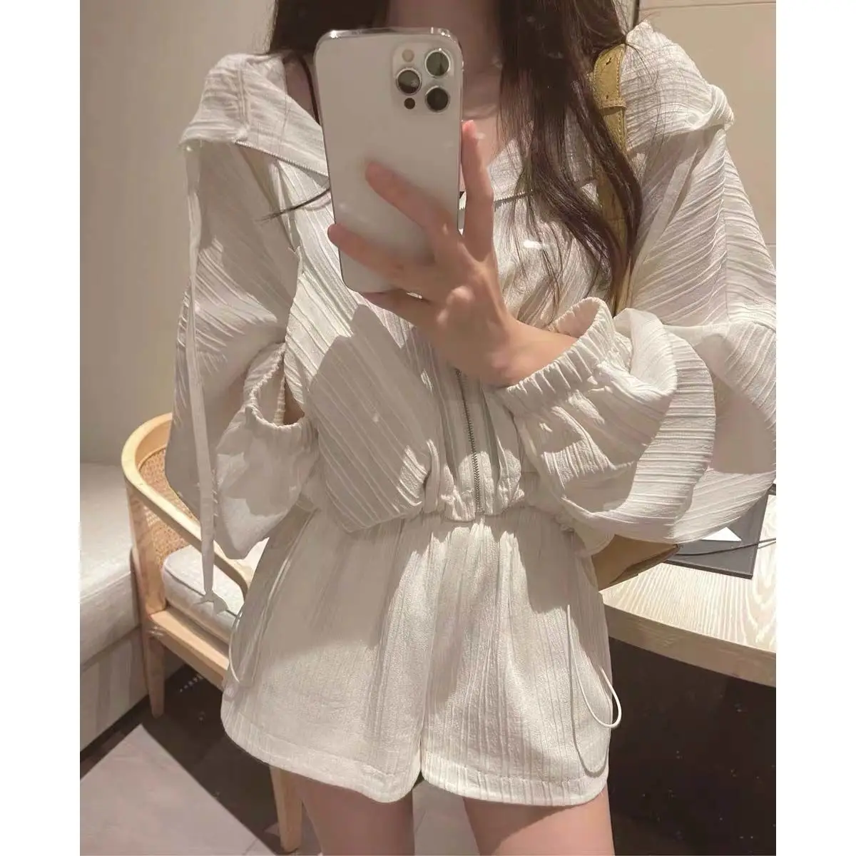

Hooded Women Pajamas Shorts Sets Sleepwear 2 Piece Summer Pijama Korean Loungewear Long Sleeve Zipper Home Clothes Night Wear