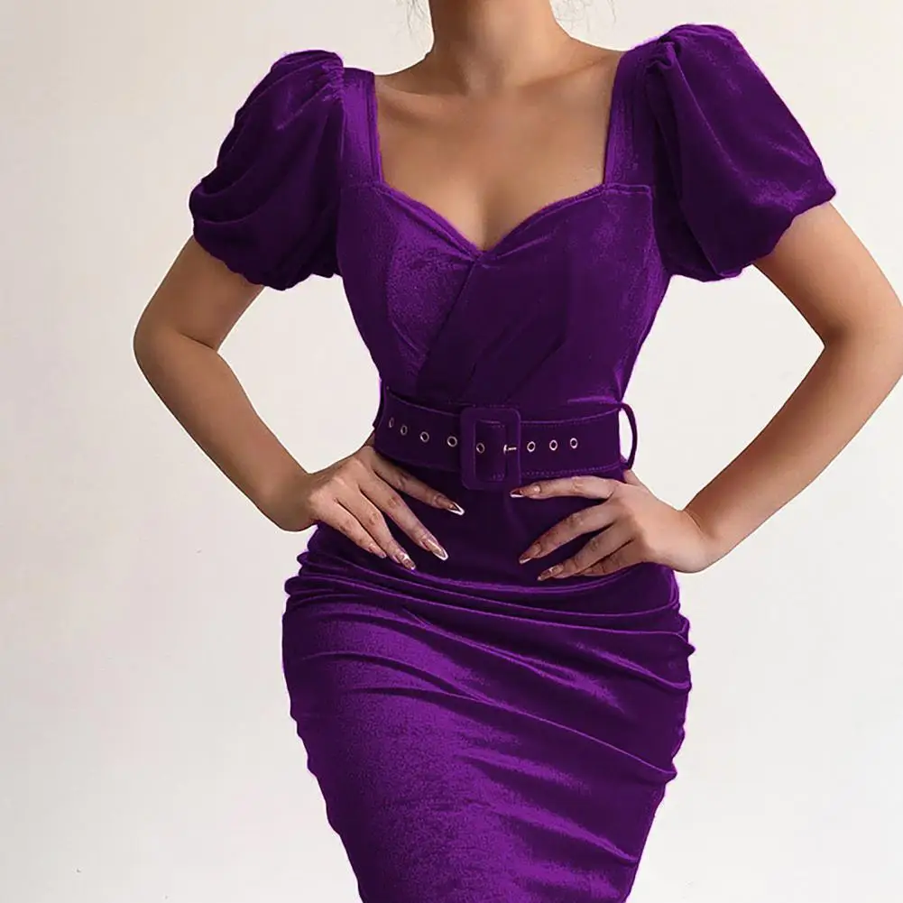 

Party Dress Eye-attractive Midi Dress Elegant Pure Color Slim Party Dress