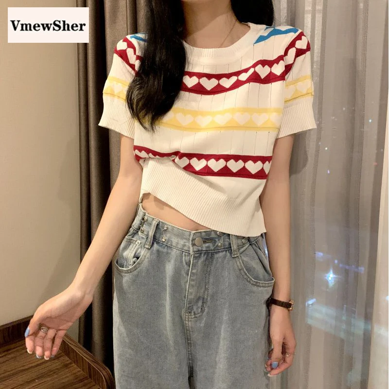 

VmewSher Chic Contrast Color Love Short Sleeve Knitted Blouse Women Summer New Korean Preppy Style T-shirt Slim Crop Tops 2023