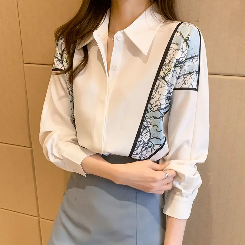 

Office Lady Polo-Neck Printed Spliced Stylish Shirt 2023 Spring Summer Women's Clothing Commute Long Sleeve Buttons Blouses