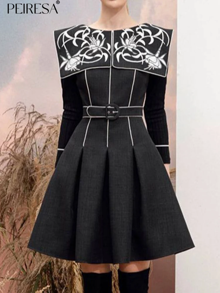 

Платье женское с цветочной вышивкой, круглым вырезом и длинным рукавом