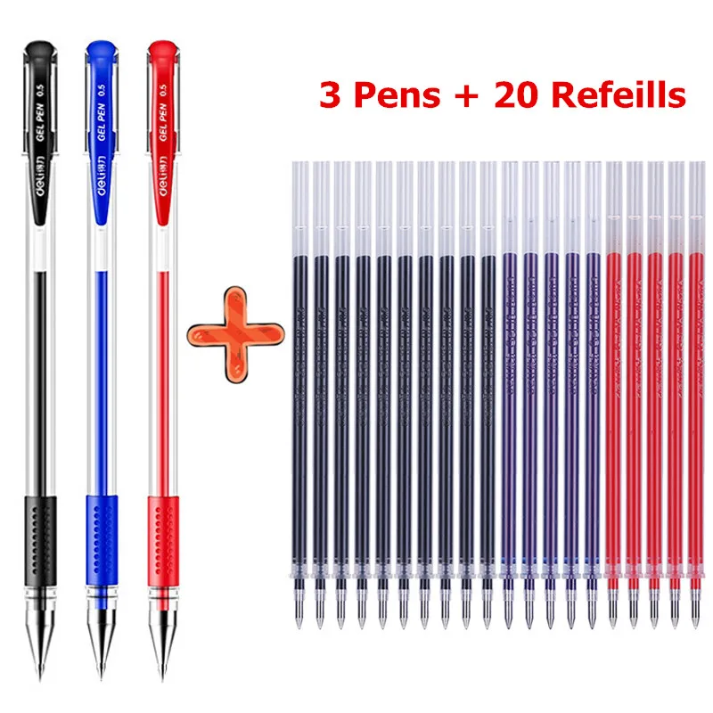 Deli 3 гелевые ручки + 20 строительных чернил, набор ручек 0,5 мм, черные, синие, красные чернила, журнал для письма, школьные принадлежности, канцелярские принадлежности