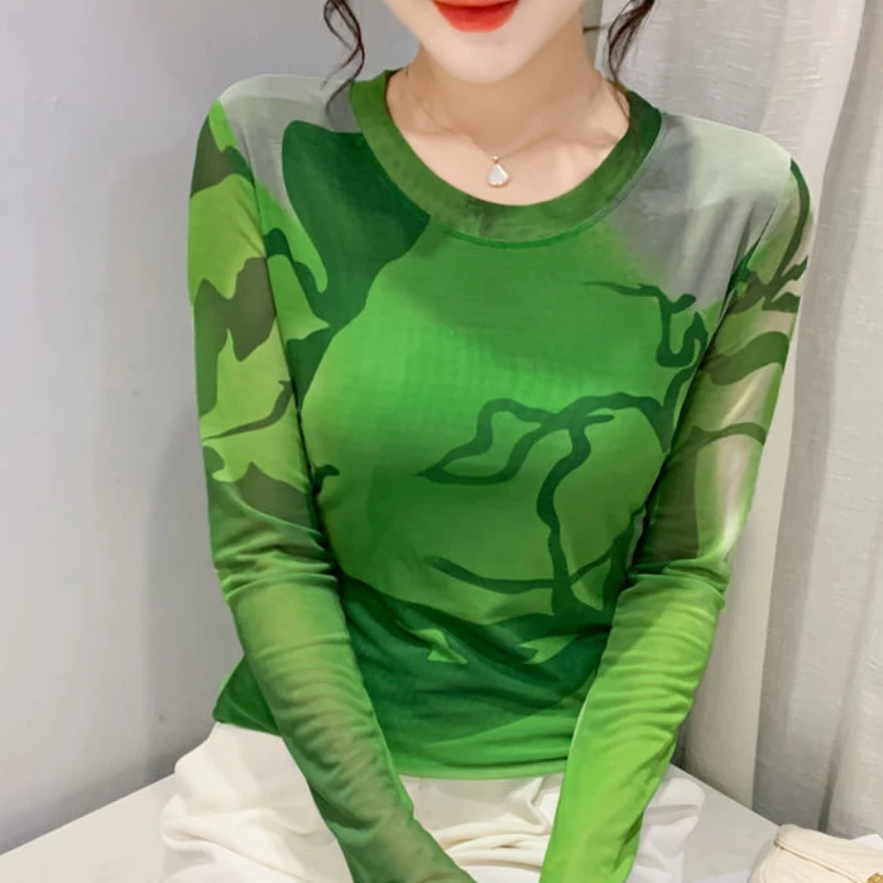 Женская футболка 2024 сетчатая облегающая Топ для женщин одежда с принтом