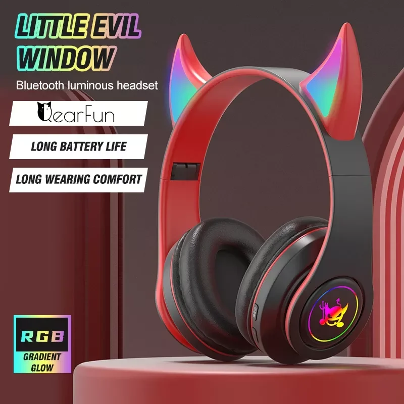

2023 Devil Bluetooth Headphone with Mic for Kids Child Cute Stereo Bass Music FM Wireless Headset Gamer Support TF Card Boy Girl