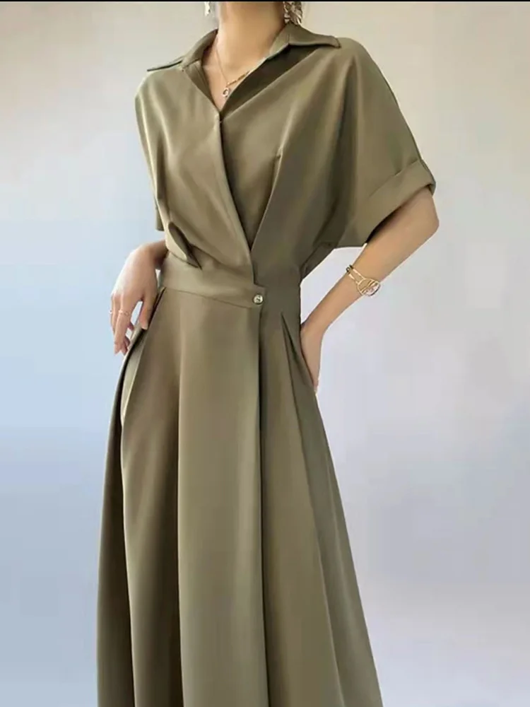 

Платье женское длинное офисное на пуговицах с коротким рукавом и отложным воротником