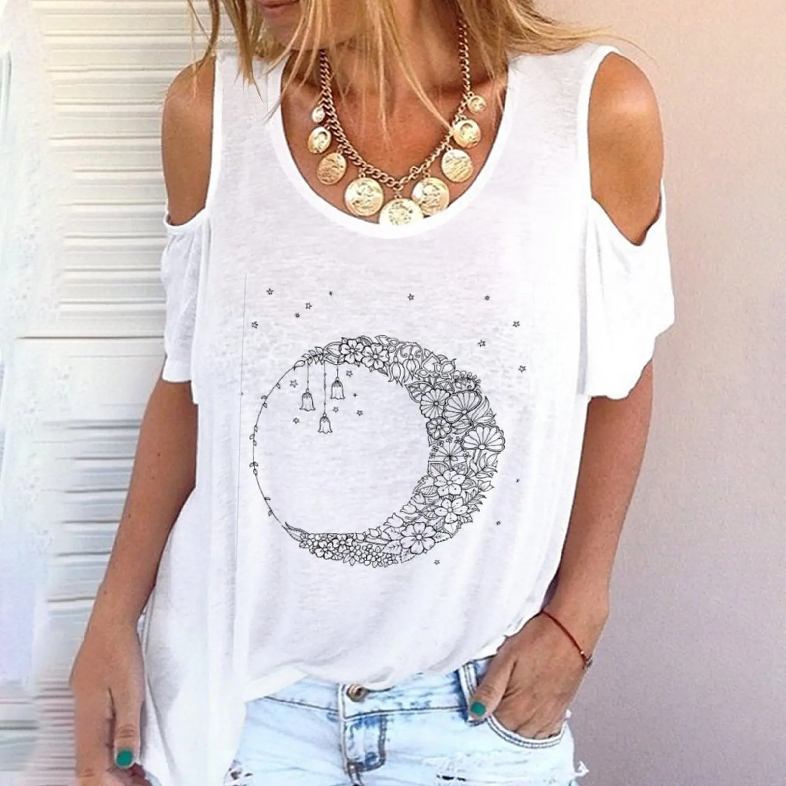 

2022 Women's off-the-shoulder T-shirt, short-sleeve Sweet casual T-shirt, women's summer T-shirt, women's printed T-shirt trend