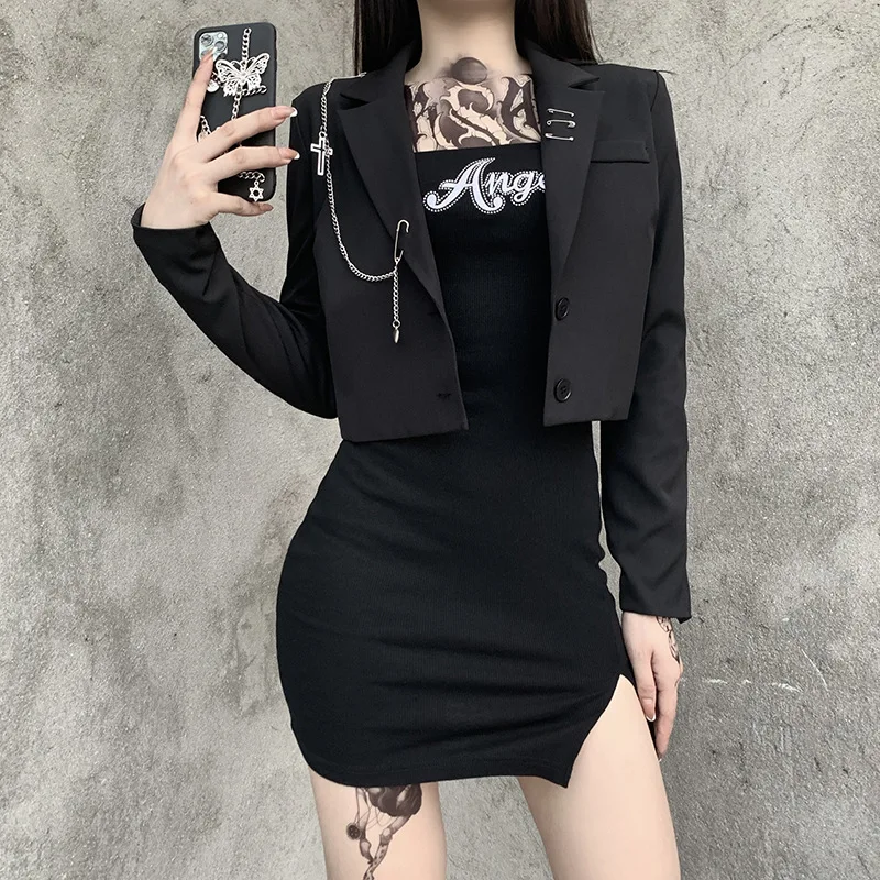 Gothic Black Women Punk Blazer Harajuku Streetwear Metal Chain Patchwork Suit Office Ladies Commute Short Coat Chic Blazer Suits