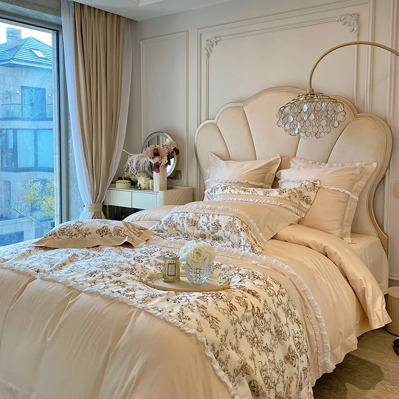 

1000TC Egyptian Cotton French Vintage Bedding Set Chiffon Lace Inlay Imitation Pearl Edge Duvet Cover Set Bed Sheet Pillowcases