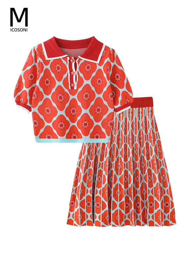 

Micosoni Flower Knitted Dress Sets Orange Single Breasted Top Sweater +Draped Asymmetrical Spliced Skirt Two-Piece Women's Suits