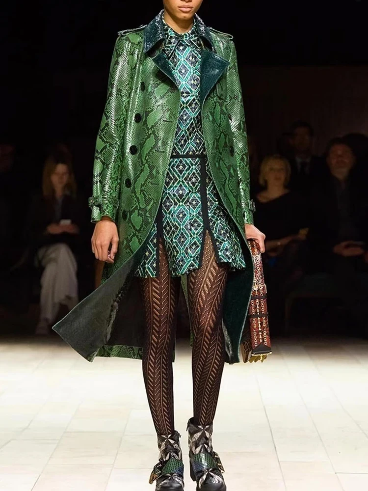 

Windbreaker Runway Spring Autumn Women's New Designer High Quality Casual Party Elegant Belt Slim Snake Print Long Jacket Coat