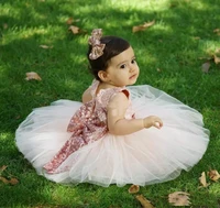 baby infant toddler birthday party gown blush pink rose gold sequins bow lace tea length tutu wedding party flower girl dresses