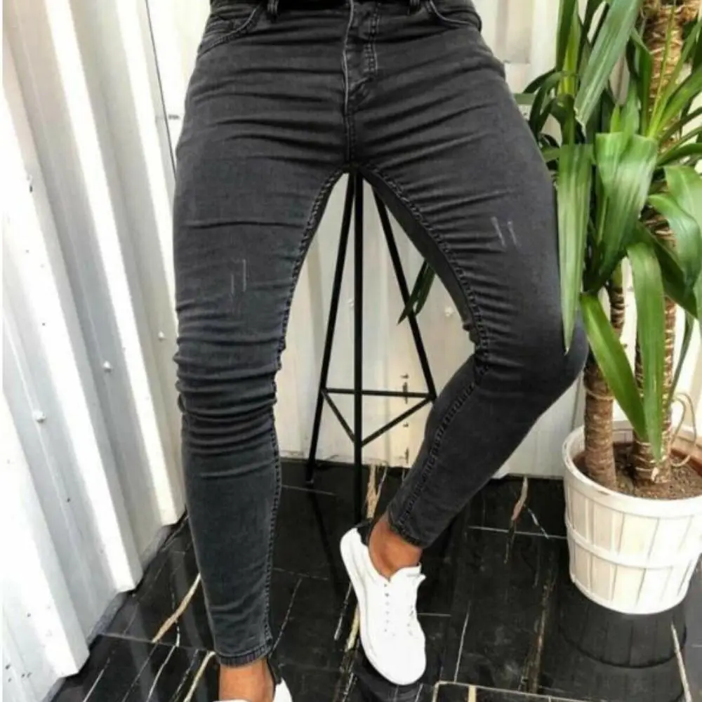 Jeans Men Black Moto Skinny Jeans Men 2021 Stretch Ripped Denim Pencil Pants Streetwear Mens Pure Color Elastic Jeans