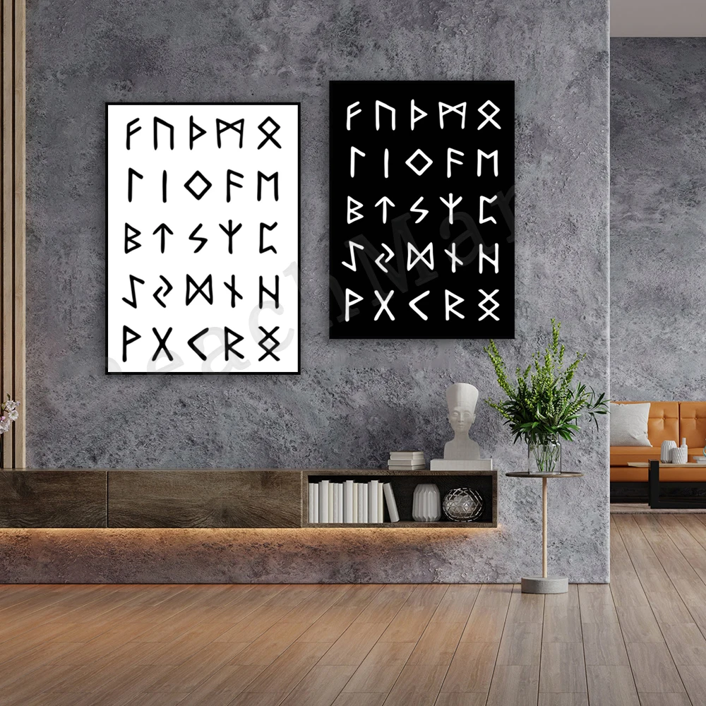 

Viking runes, digital print, black and white, alphabet poster wall art canvas print decor vintage poster