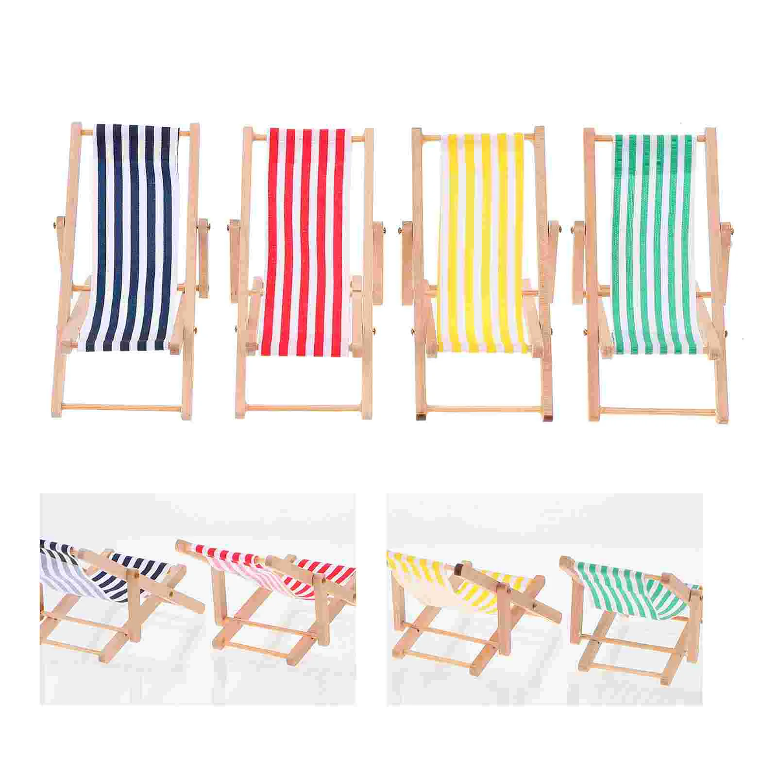 

4 Pcs Striped Lounge Chair Home Décor Mini Beach Chairs Decor Furniture Bench Chairs Wooden Miniature Chair