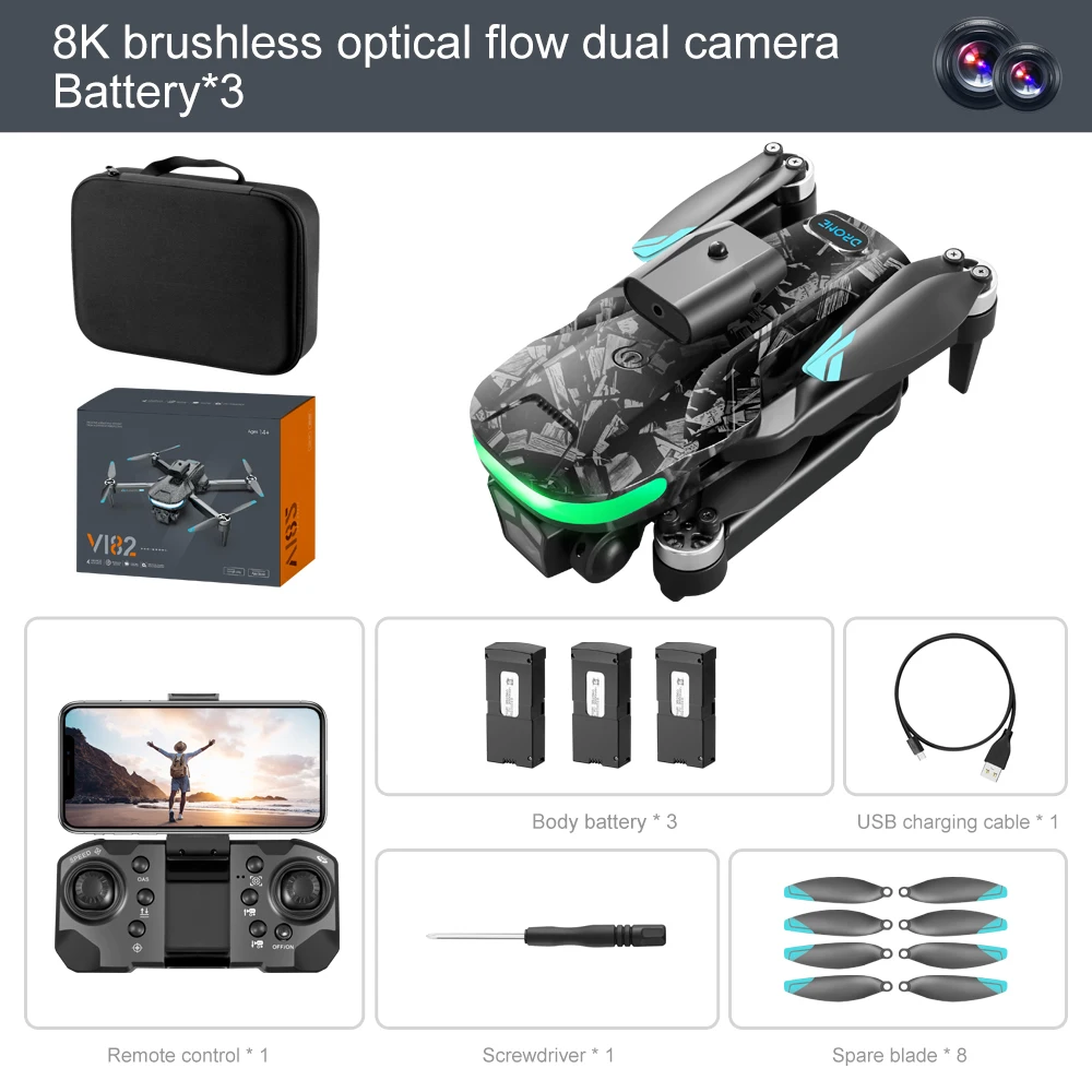 Дрон V182 New2024 8k с HD-камерой профессиональная Аэрофотосъемка складные