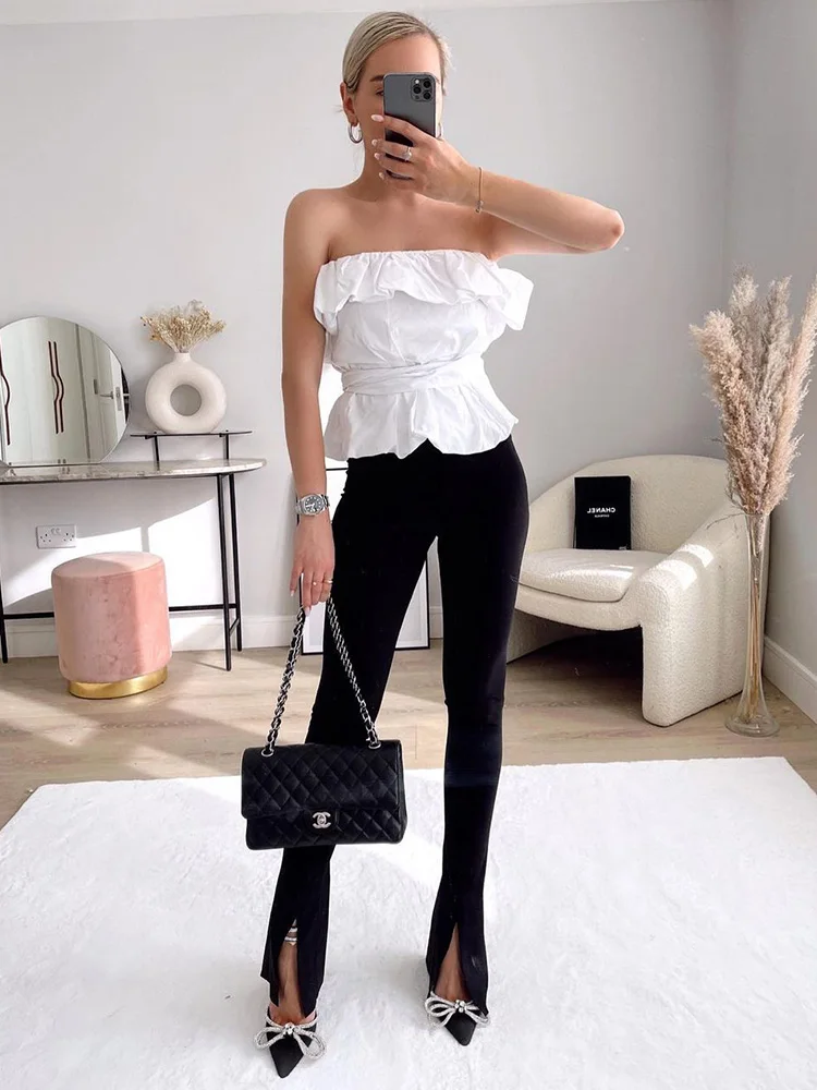 

Ruffle Elegant Blouses For Women Fashion 2022 Off Shoulder Top Womens Clothing Sleeveless Waist Tie White Cotton Blouse Tops