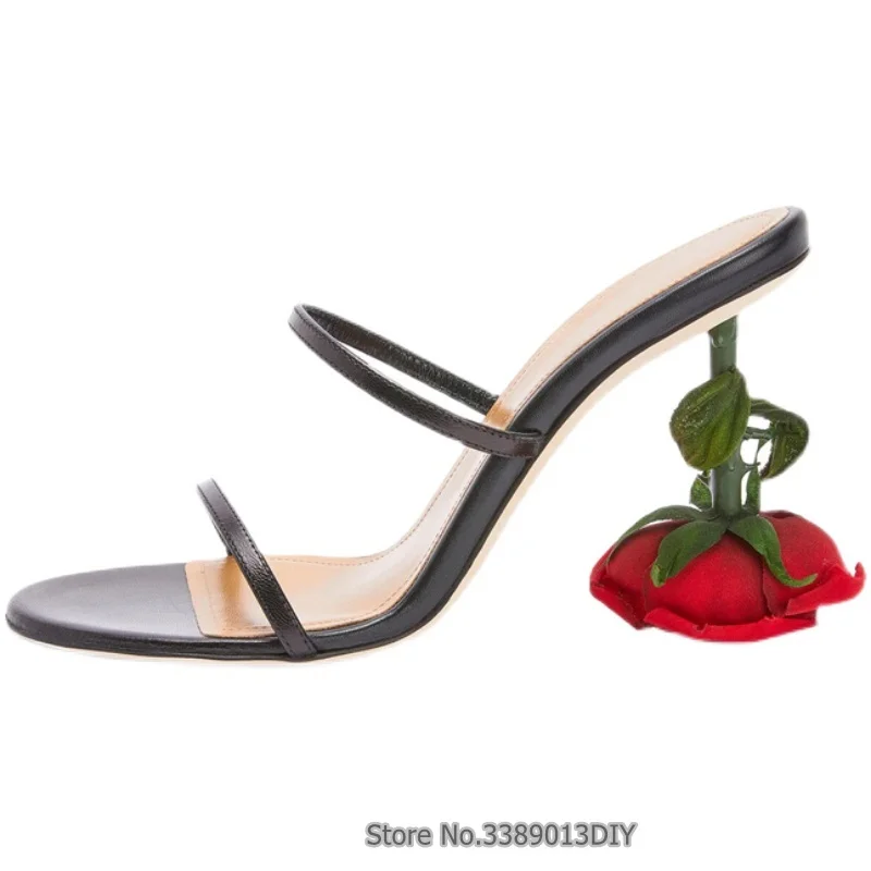 Ladies Rose Heeled Slippers Open Toe Red Flower High Heel Sandals Women Summer Party Shoes Sexy Flower Slippers Plus Size 42