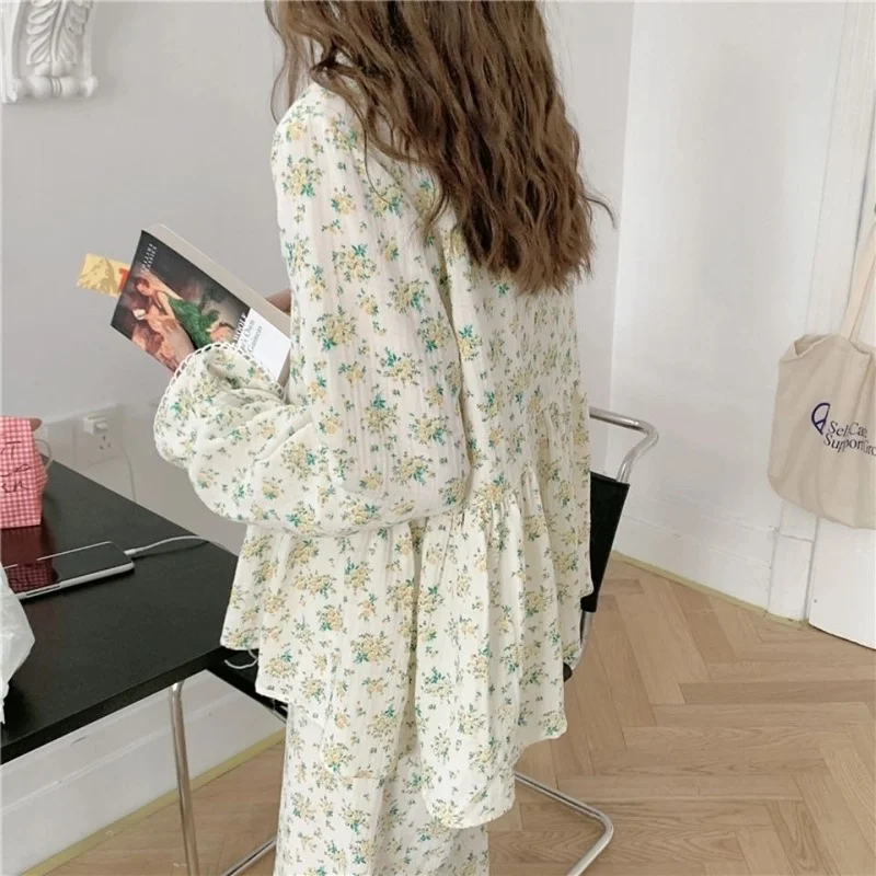 QWEEK Cotton Women's Nightwear Korean Sleepwear Floral Print Pajamas Lace Pijama 2 Piece Set Pyjamas Long Sleeve Suit Homewear