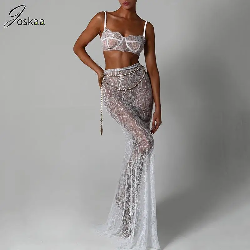 

Joskaa Lace See Through Two Piece Set Women Sexy Cropped Tank Tops and Mermaid Skirts Matched 2023 Evening Party Club Outfits