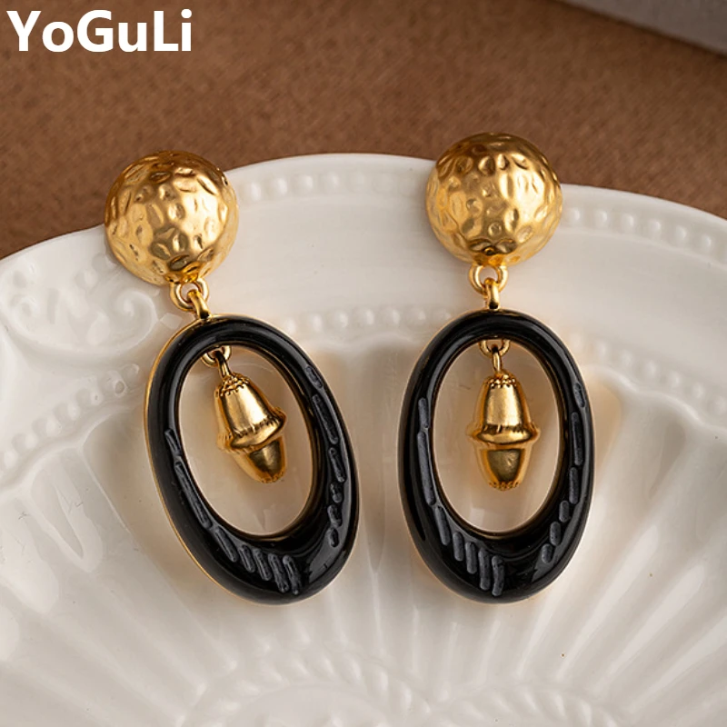 

Fashion Jewelry 925 Silver Needle High Quality Brass Black Oval Drop Earrings For Women Female Party Wedding Gift Accessories
