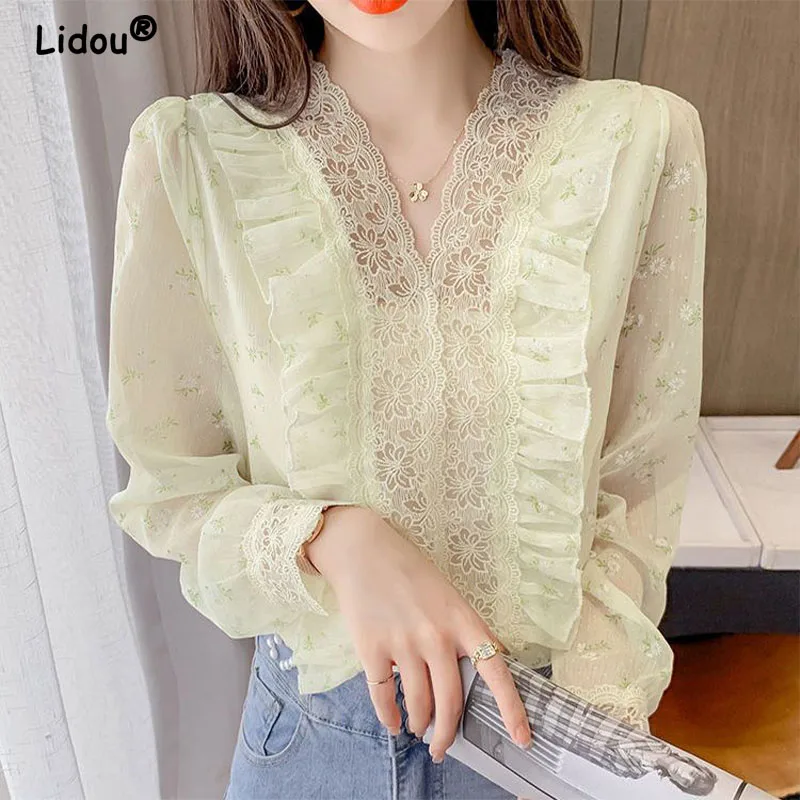 

Sweet Elegan V-neck Lace Printing Pullovers for Women 2022 New Long Sleeve Blouses Chiffon Jacquard Shirt Temperament Korean Top