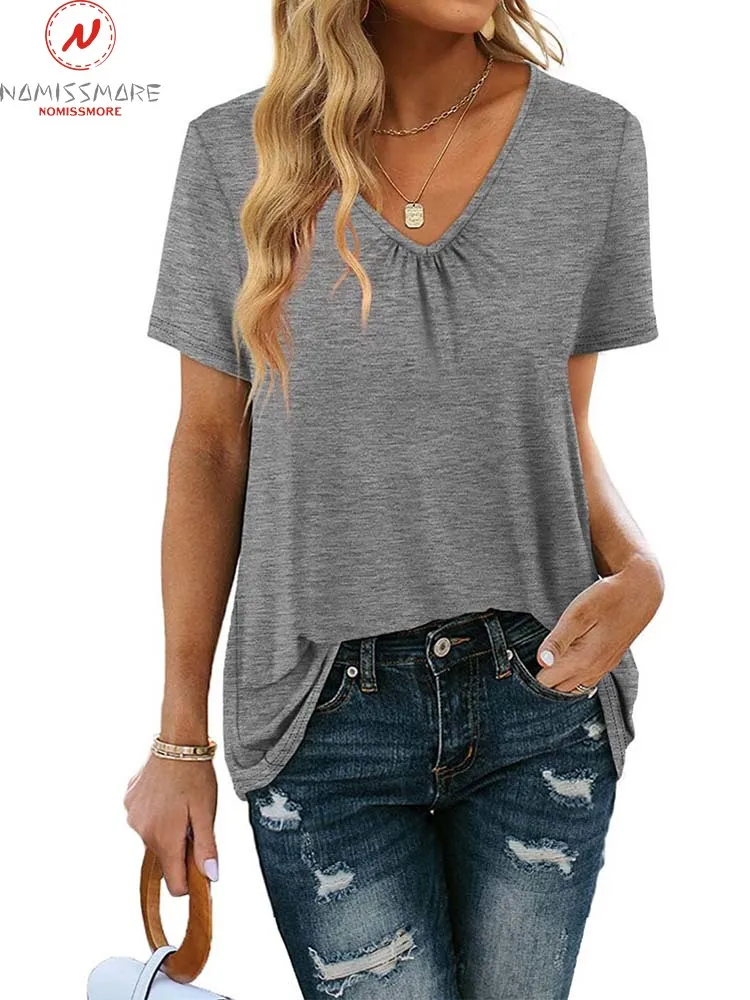 

Fashion Women Summer Solid Color T-Shirts Shrinkage Design V-Neck Short Sleeve Casual Loose Pullovers Top