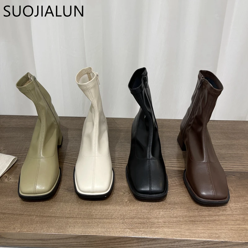 

SUOJIALUN 2022 Autumn Women Ankle Boots Fashion Square Toe Zipper Ladies Casual Martin-Boots High Quality Soft Leather Short Boo
