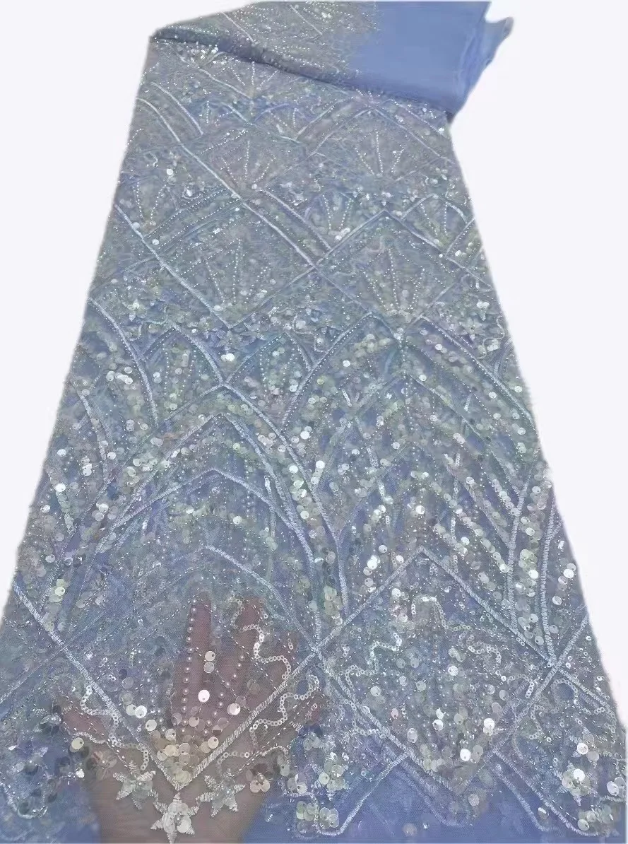 

(5yards/pc) High quality African wedding lace fabric with sequins and tube beads embroidery sky blue French net lace