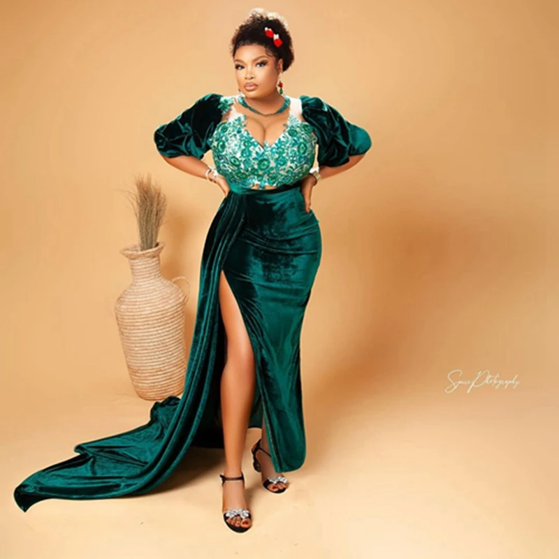 

Charming Dark Green Velour Mermaid Evening Dress Puff Half Sleeves Lace Appliques Africa Prom Gowns Plus Size Aso Ebi Party Dres