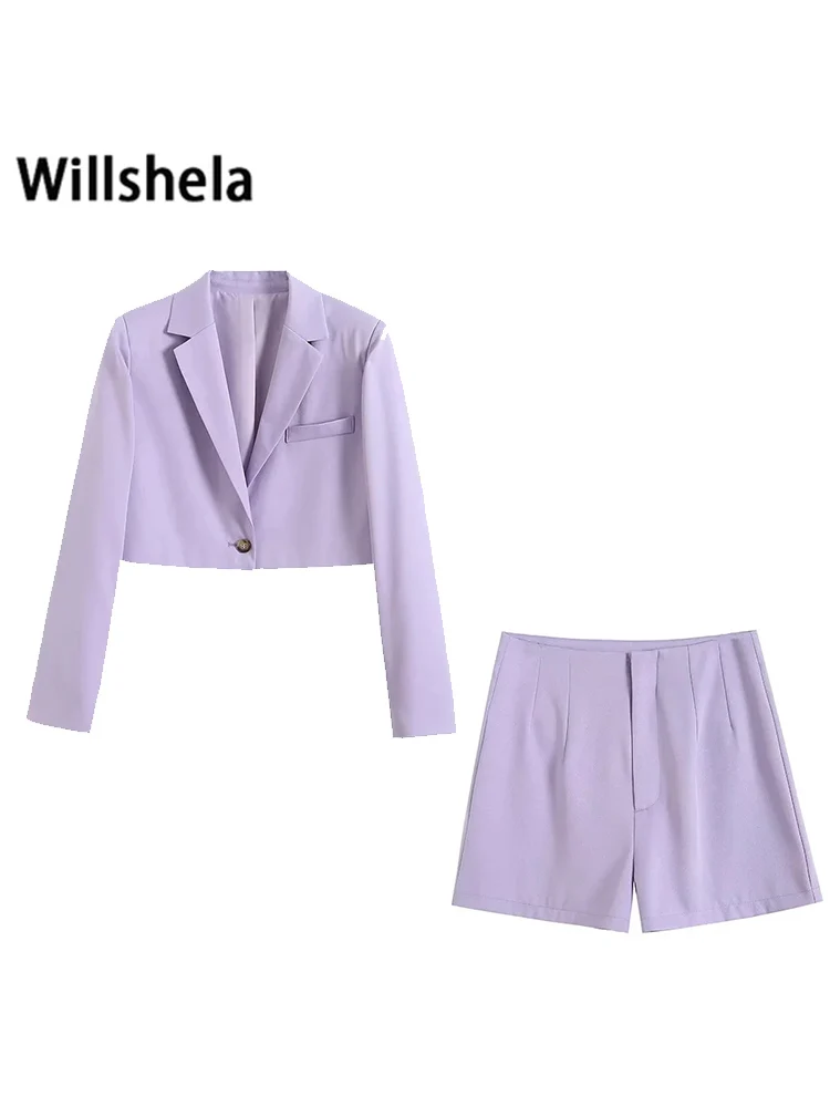 

Willshela Women Fashion 2 Piece Set Suits Solid Single Button Cropped Blazer & Front Zipper Shorts Elegant Female Blazer Suits